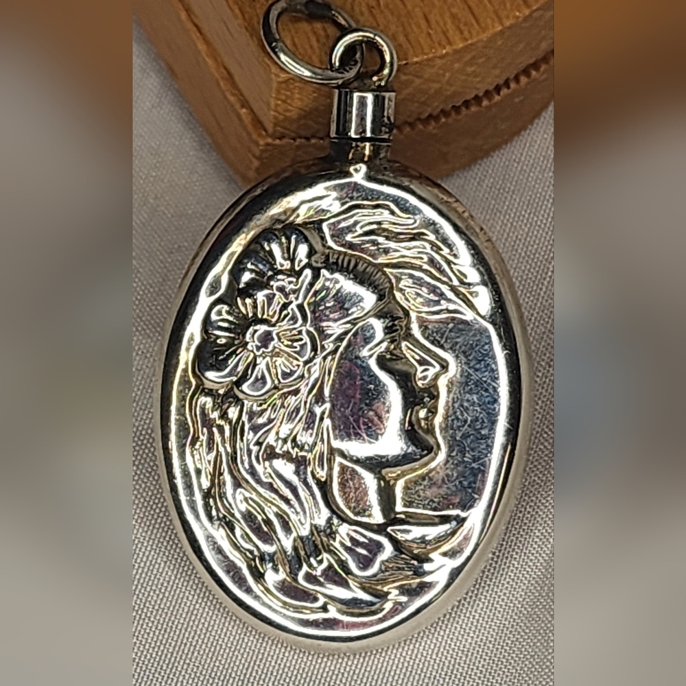 Antique Art Nouveau Bottle Pendant with Woman’s Profile Sterling Silver